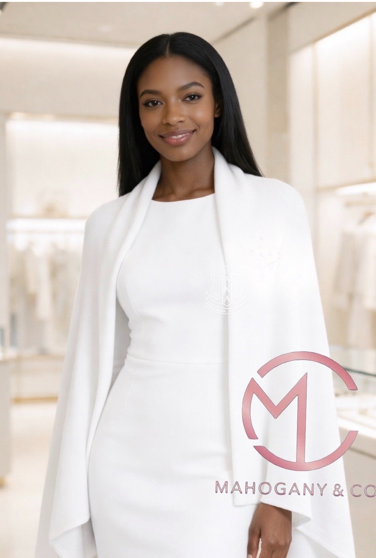 Ceremonial White Shawl Wrap w/Embroidered Crest | Mahogany & Company LLC